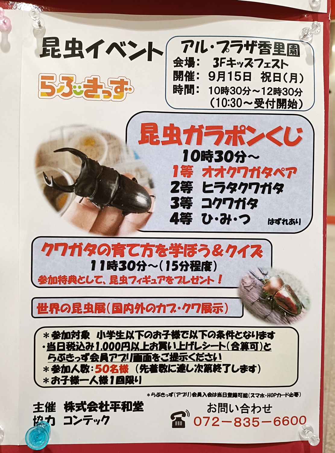 ☆アルプラザ香里園☆9月15日(月・祝)は昆虫ガラポンくじ開催！ いいね
